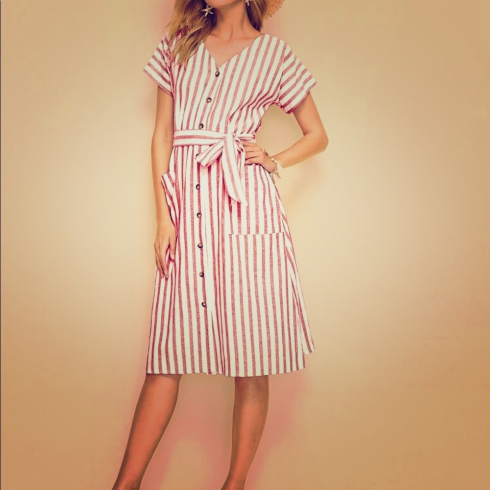 Striped Front Buttoned Tea Dress